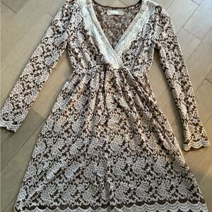 A'Reve Cream Lace Long-Sleeve Midlength dress